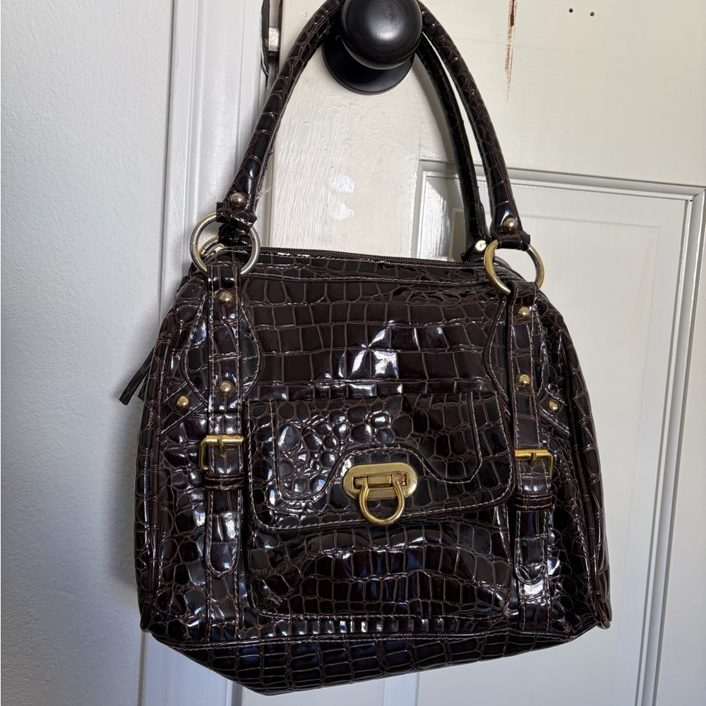 Carven Glossy Croc-Embossed Brown Shoulder Bag